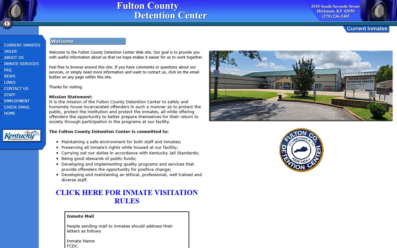 Fulton County Detention Center homepage for Hickman County inmate population lookup
