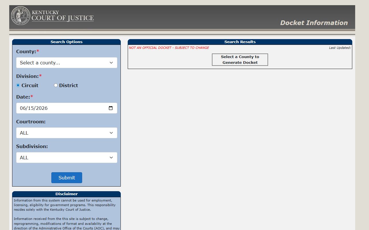 Kentucky docket portal for Hickman County court records after arrest