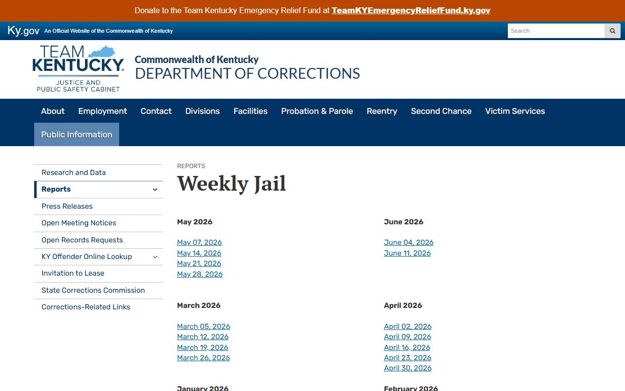 Kentucky DOC weekly jail report index for Hickman County inmate population figures